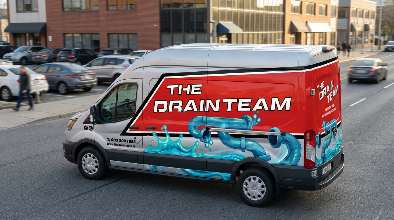 The Drain Team service van in an urban area
