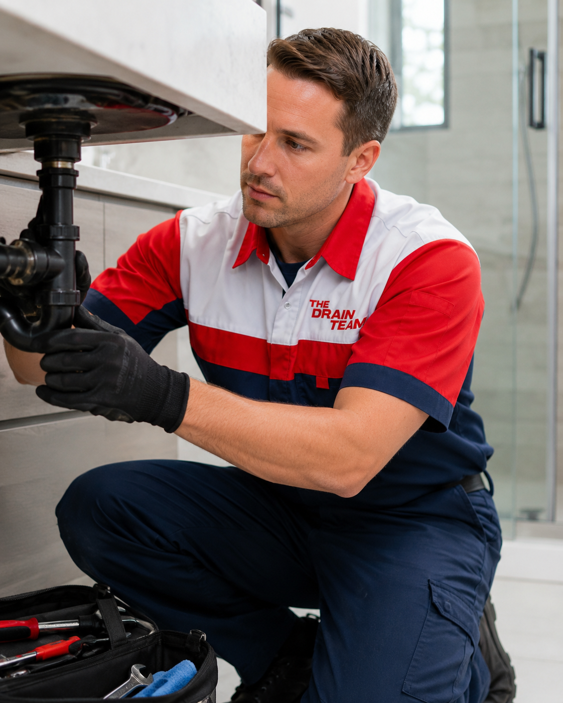 Drainage engineer working beneath a sink